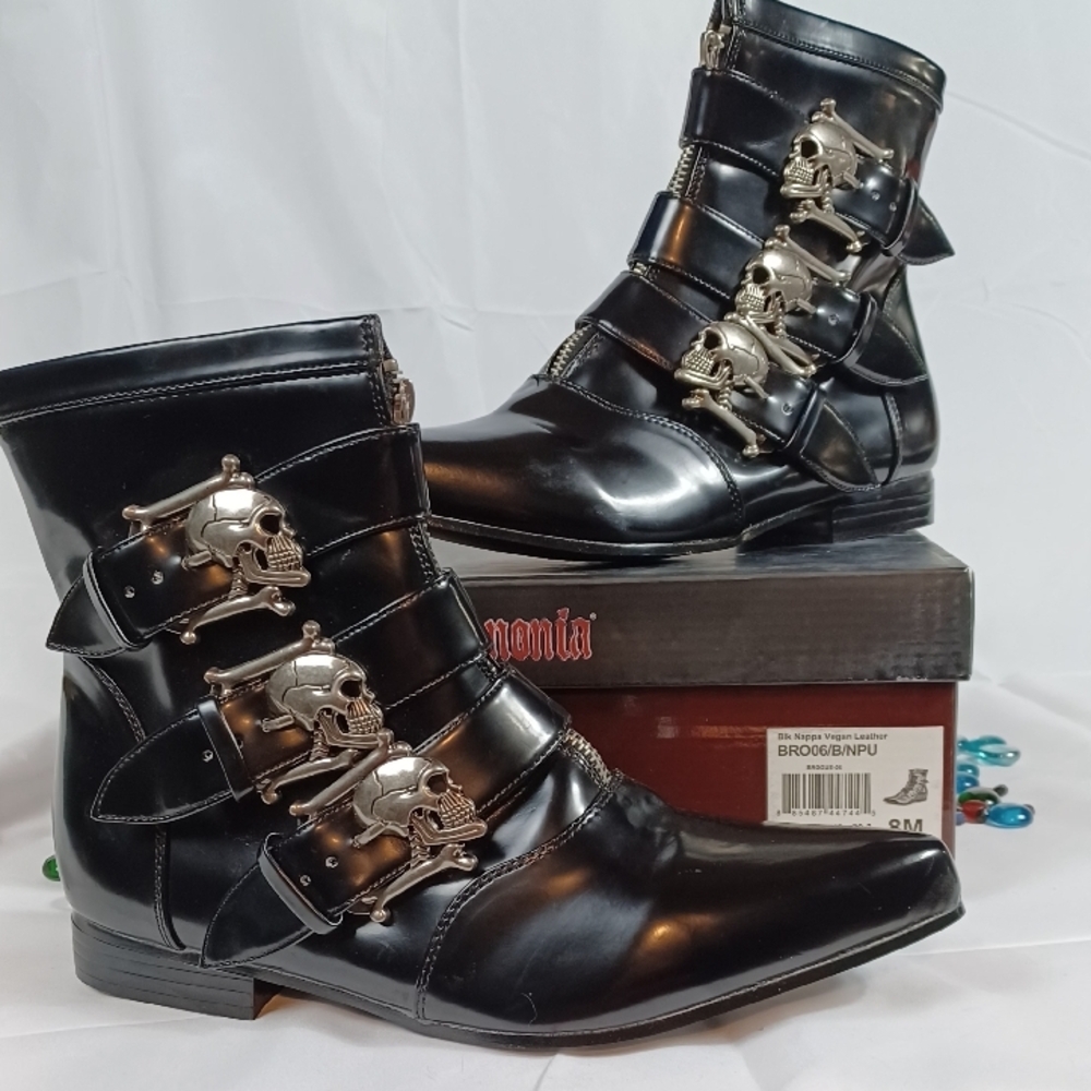 Nwt Demonia Black Skull Buckle Boots. Style Brogue